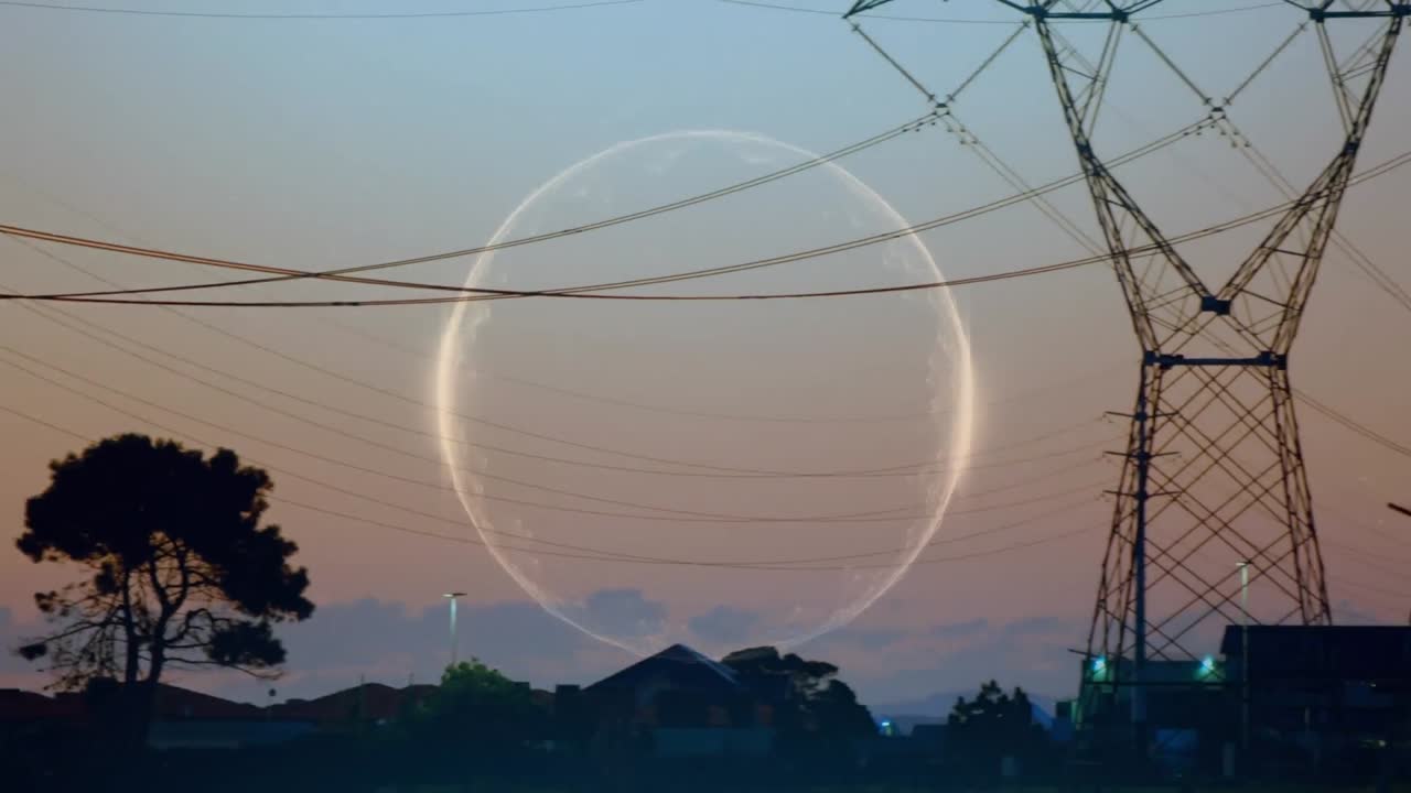 Animation of circle over landscape with electricity pylons