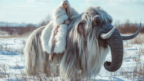 woman riding a mammoth in a winter wonderland