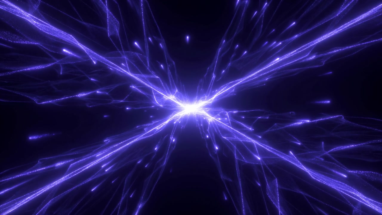 Glowing purple energy lines and bright electric streaks spread outward from a central point against a dark background, creating a dramatic neon abstract