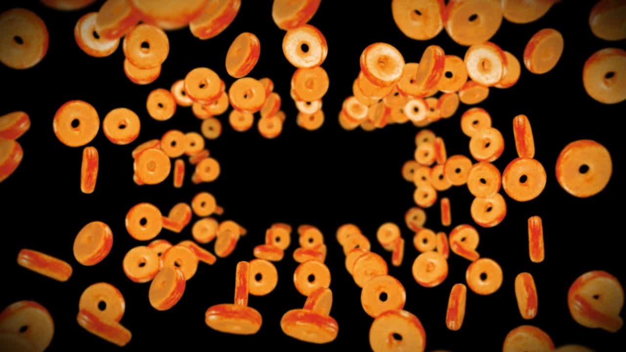 검은색 바탕에 많은 평평한 도을 날리는 도 케이크, 과자, 디저트, 도 회전의 3d 애니메이션, 루프 애니메이션.