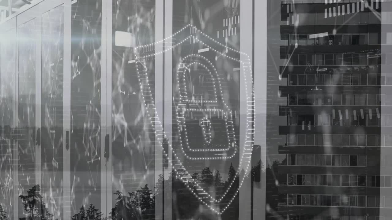 animación del icono de seguridad con puntos de conexión de red contra el edificio de oficinas