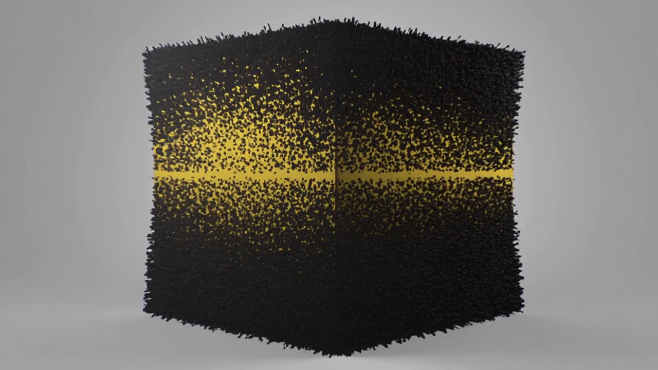 Rotating metallic gold cube attracting black particles, forming band then clearing on gray backdrop