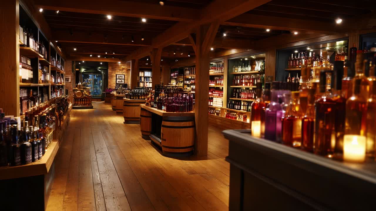 Inside a Liquor Store with Shelves of Bottles and Wooden Barrels