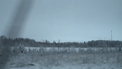 log cabin and snowy forest landscape from car window, pov shot