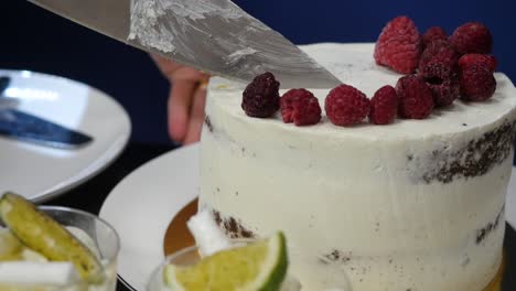 cutting a deliciously decorated cake with lime dessert bites