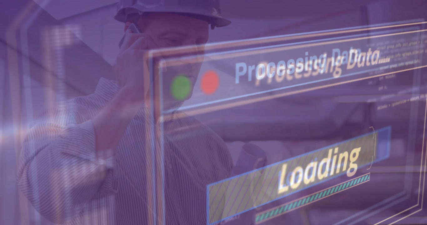 Animation af databehandling over en kaukasisk mandlig arkitekt med en plan, der taler i smartphone.