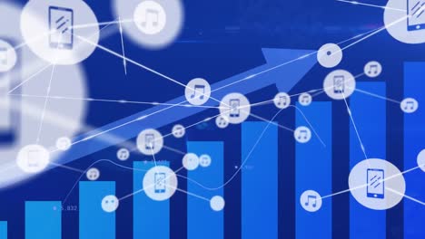 animation of network of digital icons and statistical data processing against blue background