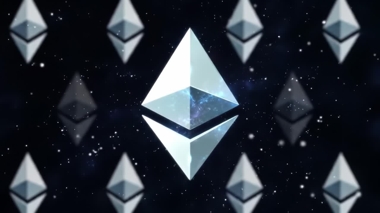 Digital artwork presents a mesmerizing display of Ethereum symbols rotating amidst a starry cosmic backdrop. The design emphasizes a rich blend of colors and shapes, captivating viewers.