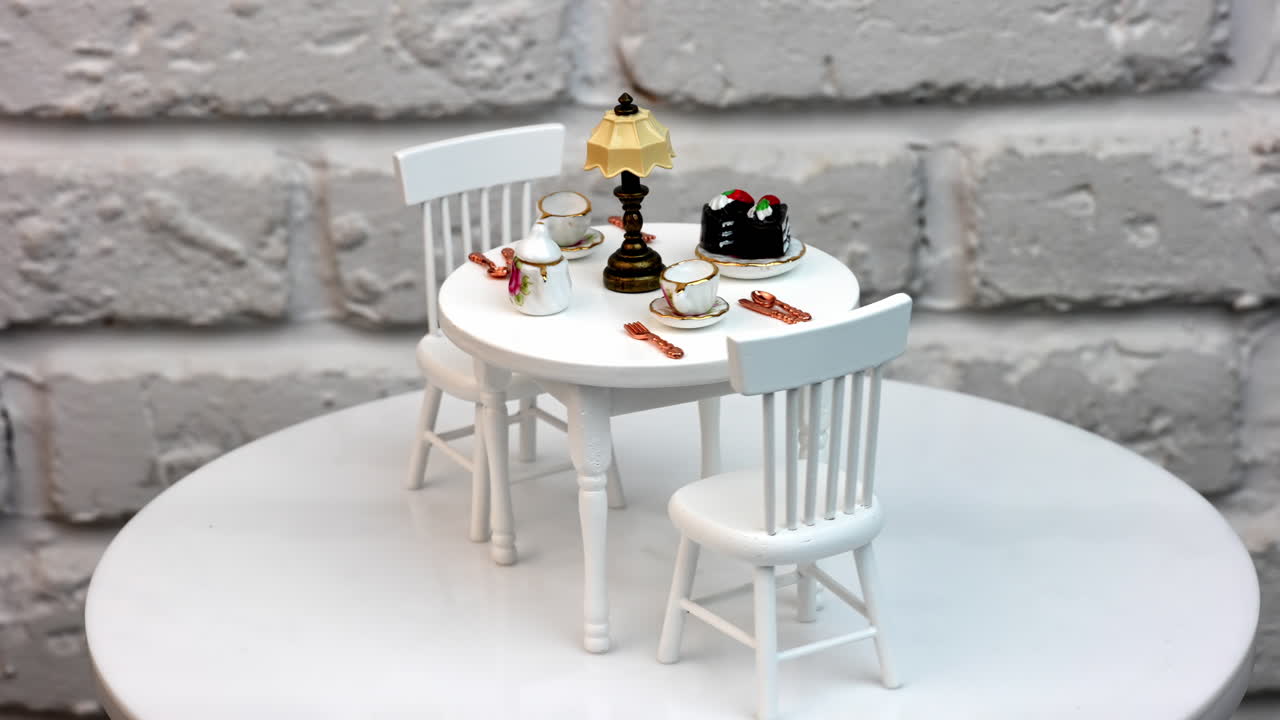 Small wooden toy furniture. Wooden miniature doll house furniture, rotation