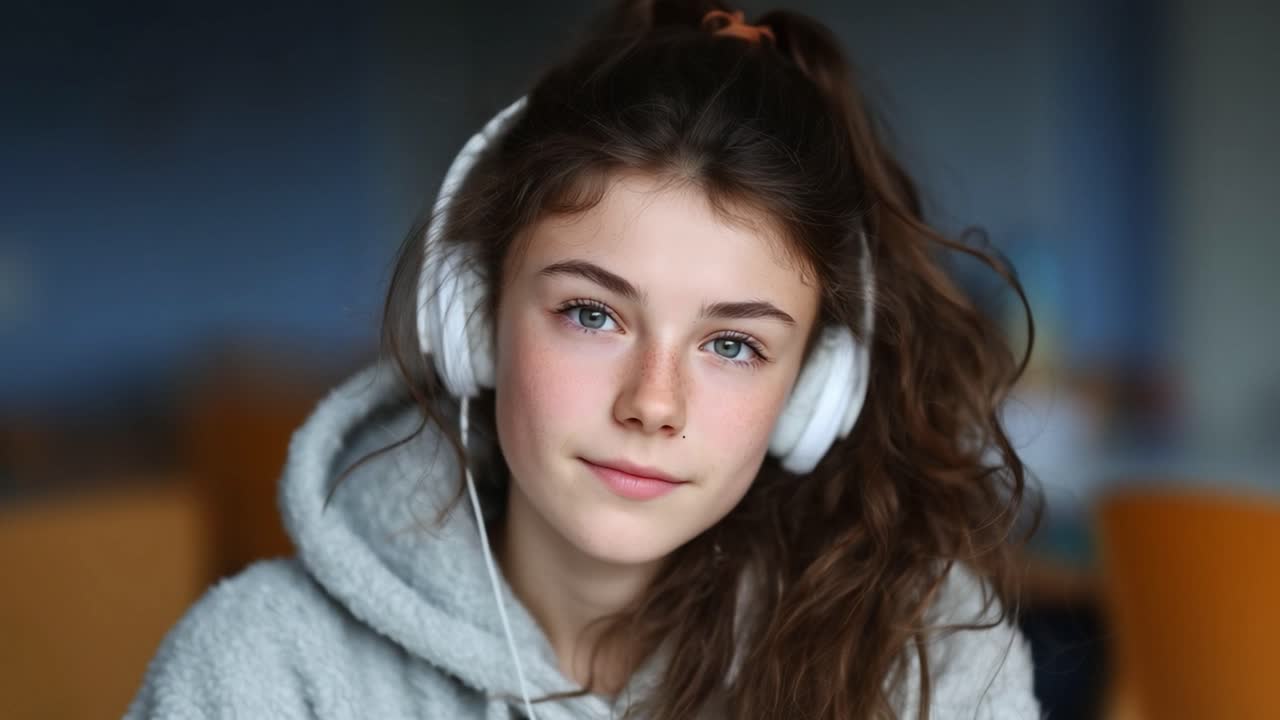 헤드폰을 끼고 있는 젊은 여성의 초상화