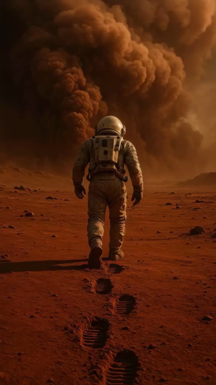 Un astronauta solitario cammina su un pianeta rosso e polveroso con un cielo spettacolare