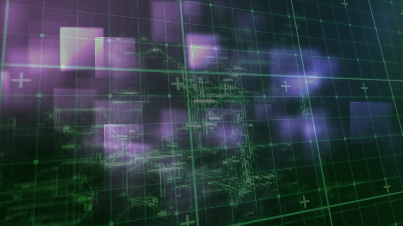 Animation of data processing over grid and squares