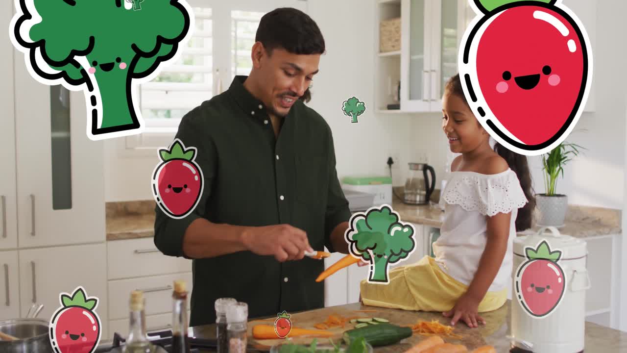 animación de iconos de comida sobre familia biracial en la cocina