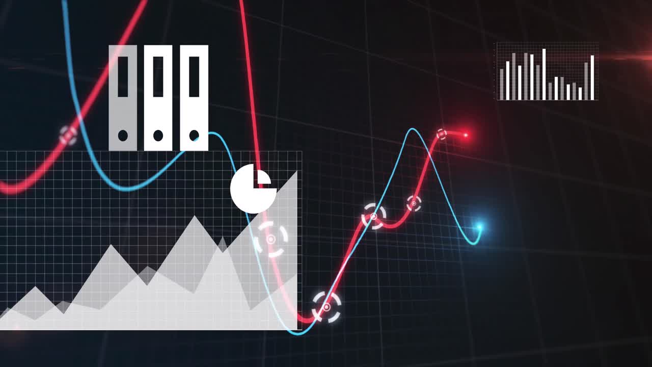 Animation of multiple graphs, map and icons over black background