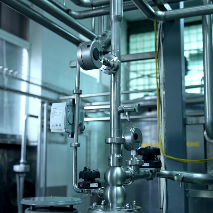 Milk production at a dairy factory. Metal pipes and new technology tubes inside a milk farm. Automated equipment on dairy factory
