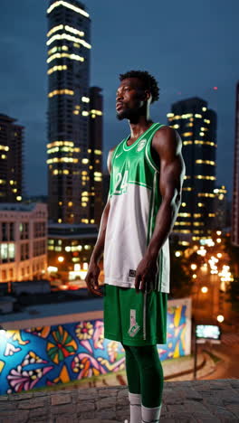 basketball player in city at night