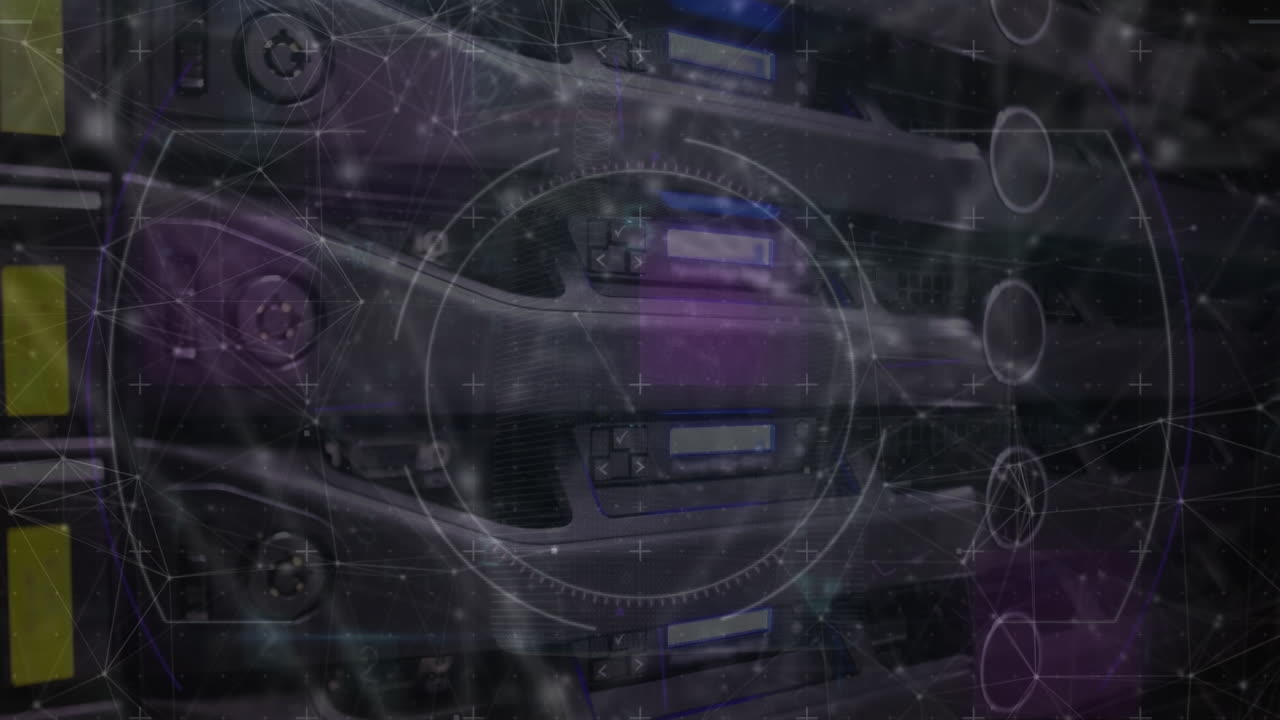 Animation of glitch and connections over computer hardware