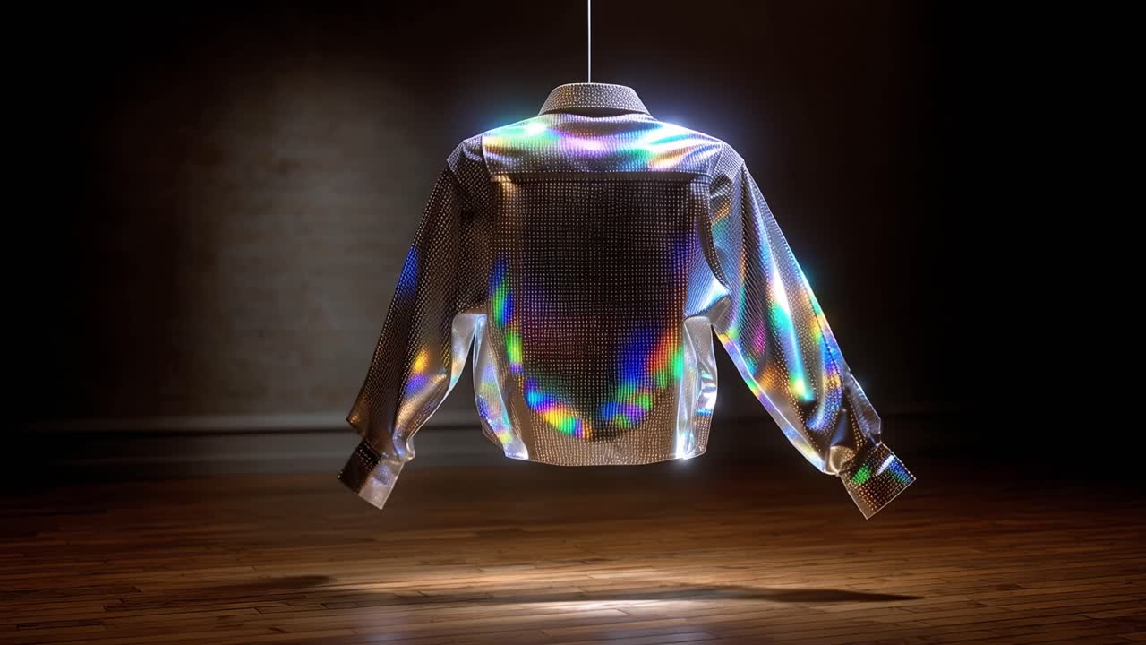 Shiny, iridescent shirt floats midair under spotlight. Dark room highlights fabric's shimmering, reflective surface. Wooden floor reflects faint glow beneath garment. No people, no animals