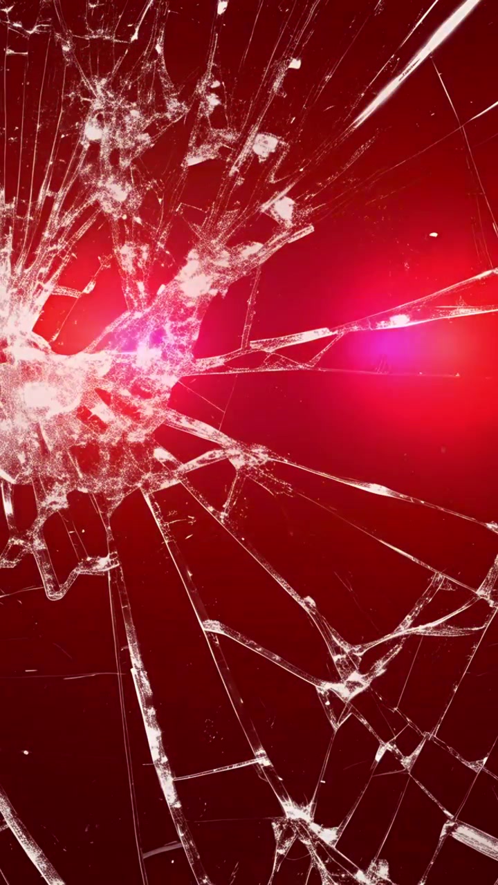 Broken glass with ambulance and police lights flashing. Shattered glass with pulsating red and blue ambulance and police lights. Abstract background for emergency, accident, danger, vertical format