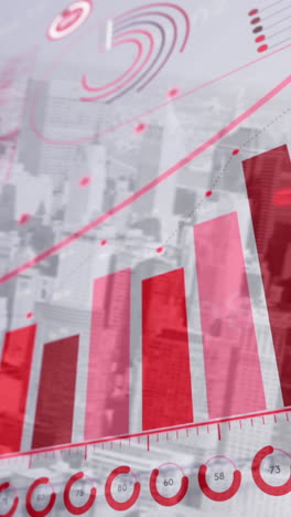 animación del procesamiento de datos con flecha rosa sobre las células de covid 19 y el paisaje urbano