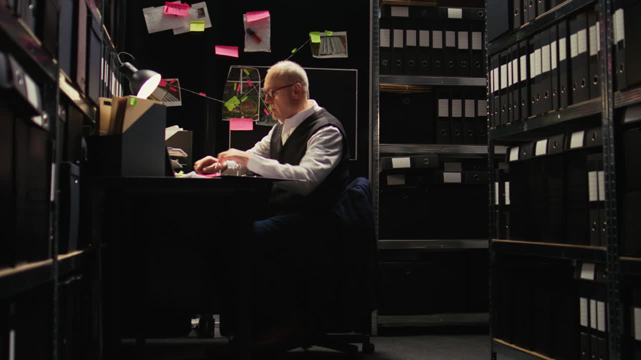 Investigator working at desk with evidence board