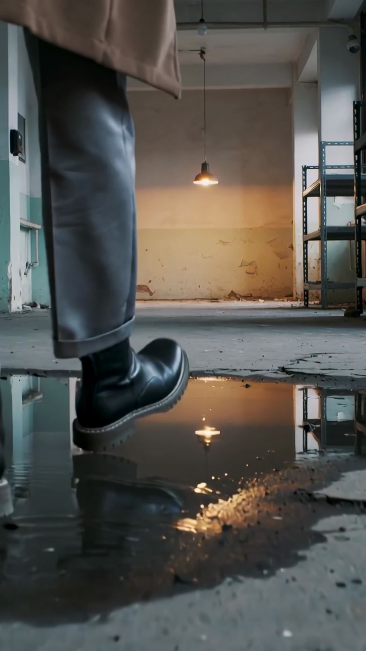 Vertical video: Walking legs entering from left in loft, stepping into puddle in boots toward shelf