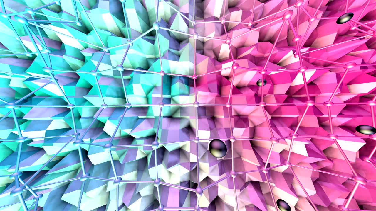 superficie baja de poli 3d con cuadrícula o malla voladora y esferas negras como fondo de alta tecnología. fondo de poli bajo geométrico de polígonos rojos azules puros. fondo de bucle sin costuras 4k fullhd