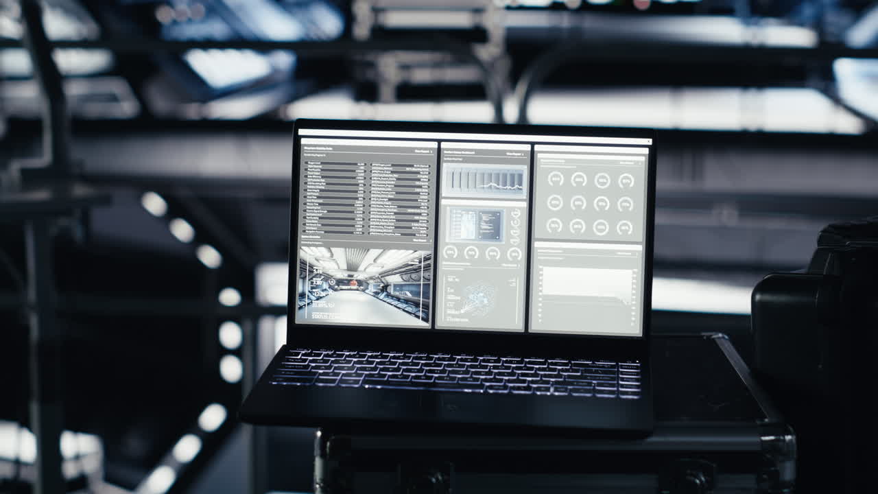 Laptop in space station displaying detailed mission analytics panel