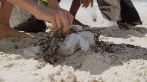voluntarios limpiando la playa en un día soleado 4k