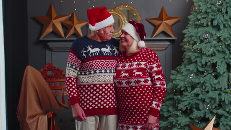 senior couple family in santa claus hats celebrating christmas looking at camera and hugging at home