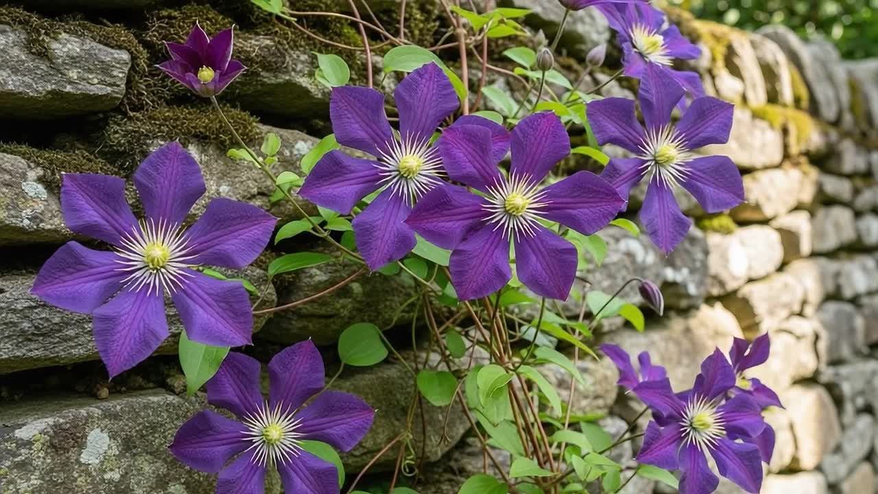 A Stunning Display of Purple Flowers Adorning a Stone Wall, Showcasing the Beauty of Nature and Floral Serenity in a Tranquil Setting