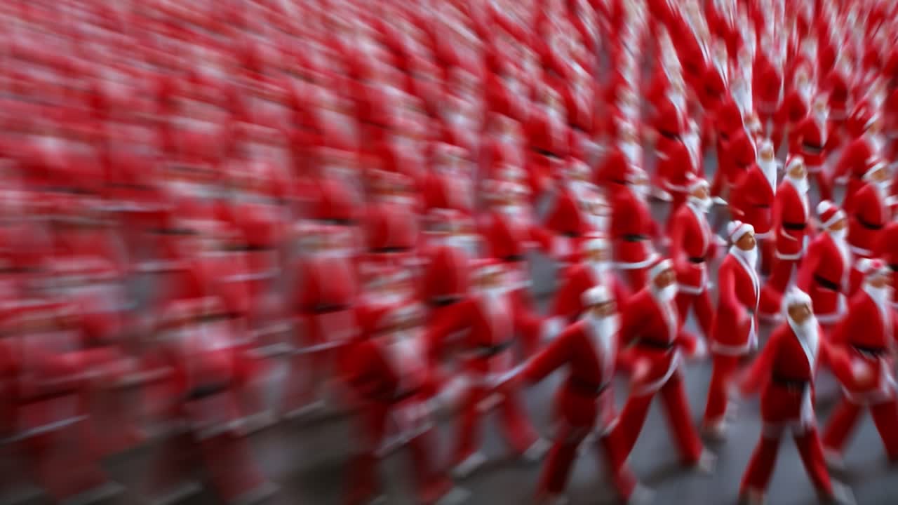 A Vibrant Festivity Unfolds as Numerous Individuals Dressed as Santa Claus Gather in Unison, Creating a Lively Scene Filled with Energy and Holiday Spirit, Celebrating the Joy of the Season Together