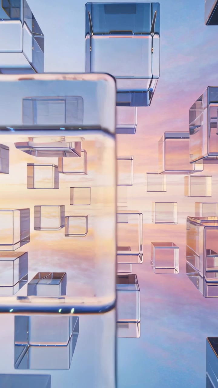Vídeo vertical: Câmera se movendo em direção a um cubo de vidro central em céu pastel, revelando refração.