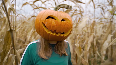 caucasian woman with carved pumpkin on her head walking in cornfield