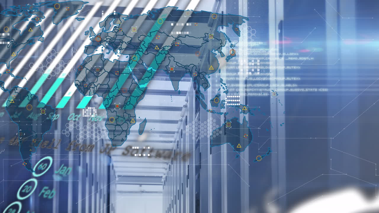 컴퓨터 서버를 통해 연결된 세계 지도 및 데이터 처리의 애니메이션