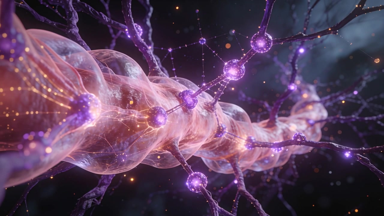 Panning camera revealing microscopic tube with pulsing orange paths, purple nodes showing pulse
