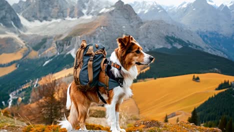 a dog with a backpack standing on top of a mountain