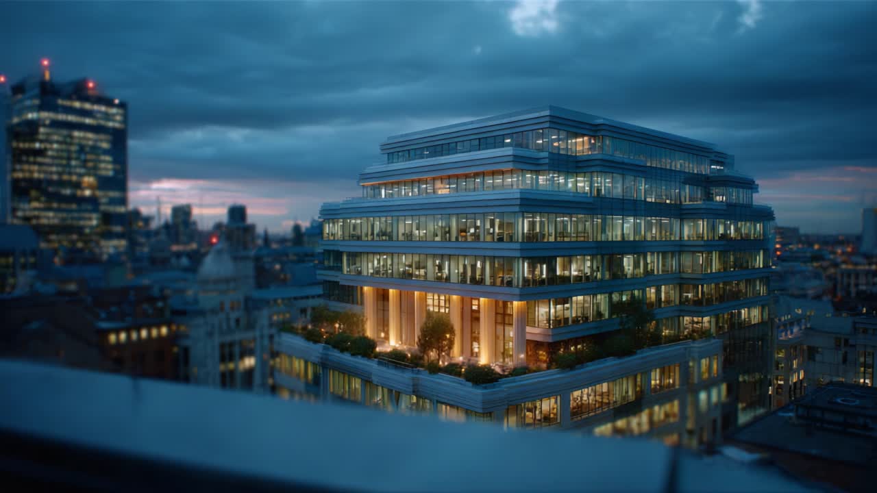 Uma vista noturna impressionante de uma obra-prima da arquitetura moderna, exibindo espaços de escritórios iluminados e um horizonte urbano impressionante sob um céu dramático