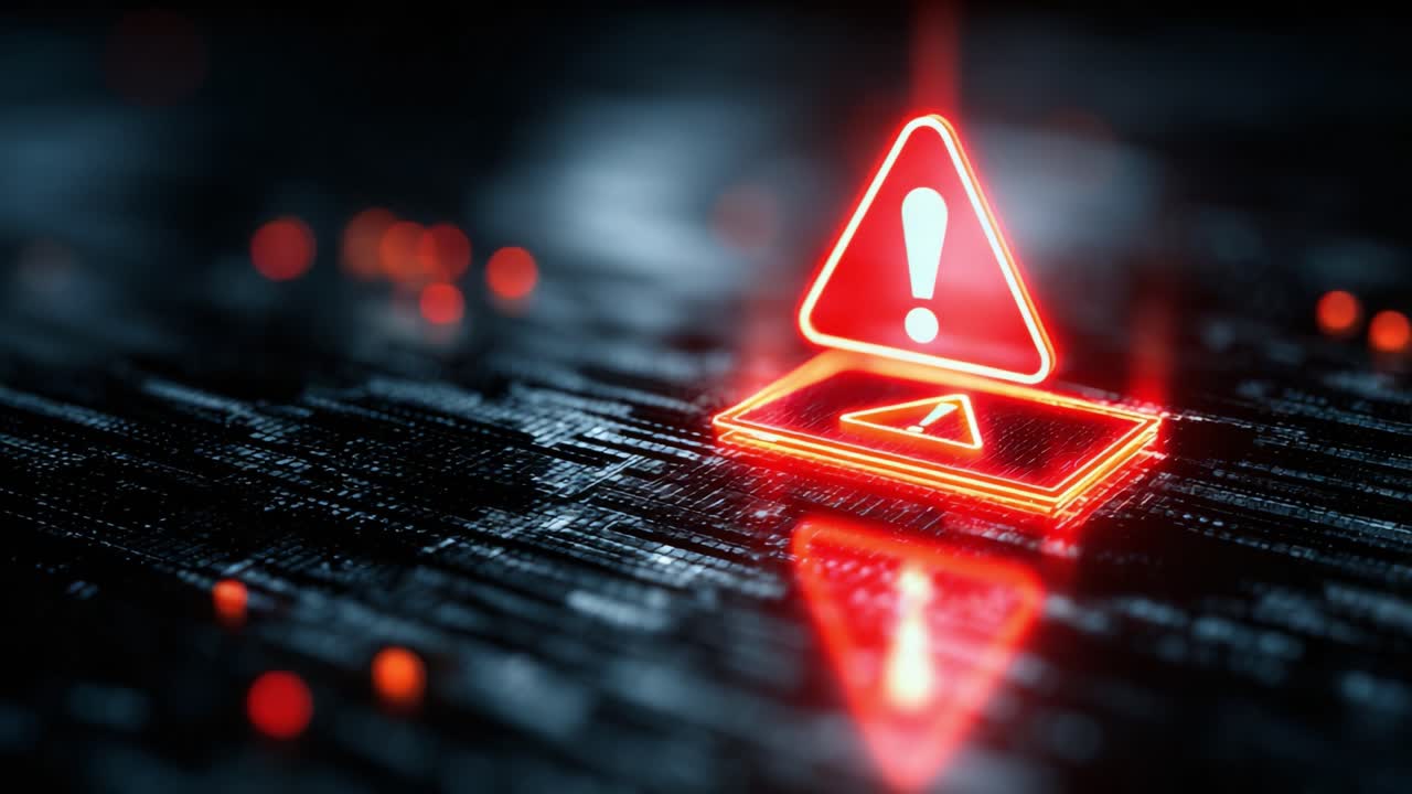 A Dynamic Visual Display Featuring a Glowing Red Play Button and Attention Alert Icon, Highlighting Themes of Media Interaction and Digital Caution in a Dark Futuristic Settings