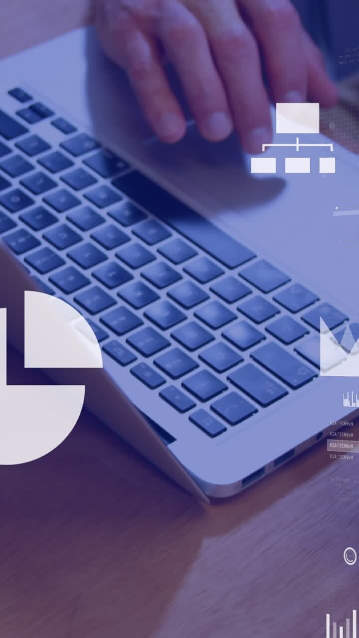 Animation of financial data processing over businessmen using laptop