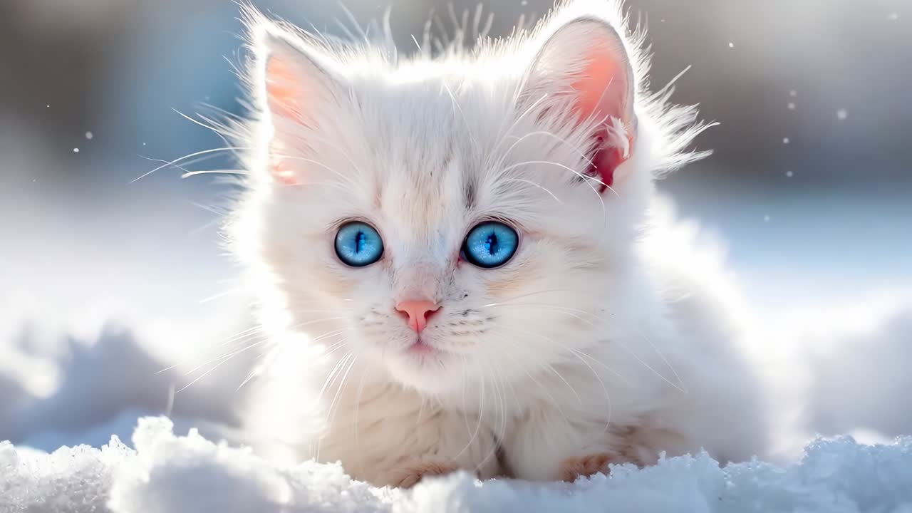 маленький белый котенок с голубыми глазами, лежащим в снегу