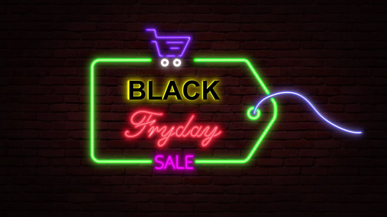 네온 표지판과 함께 블랙 프라이데이 광고: loopable 애니메이션 4k 3d 렌더링