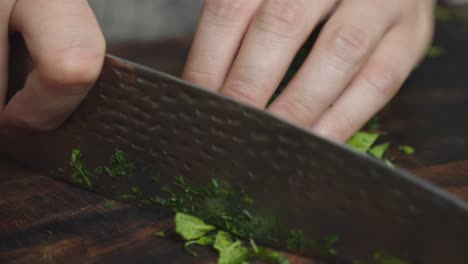 cortar ingredientes de hierbas en una tabla cortada con un cuchillo de cocina grande