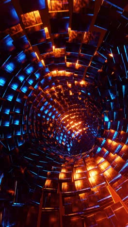 flying through a tunnel of blue and orange metal cubes. looped vertical video