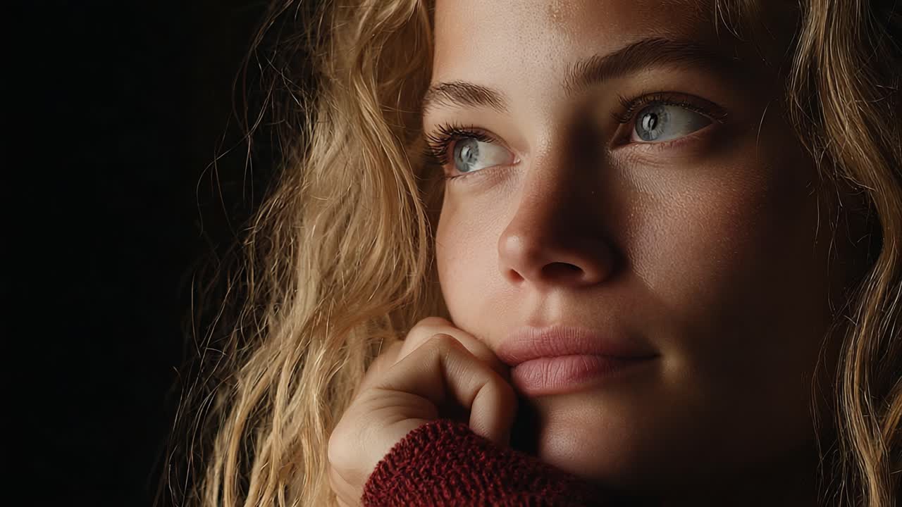 A contemplative young woman gazes thoughtfully into the distance, her expressive eyes reflecting deep emotions and a sense of introspection as she ponders life's mysteries