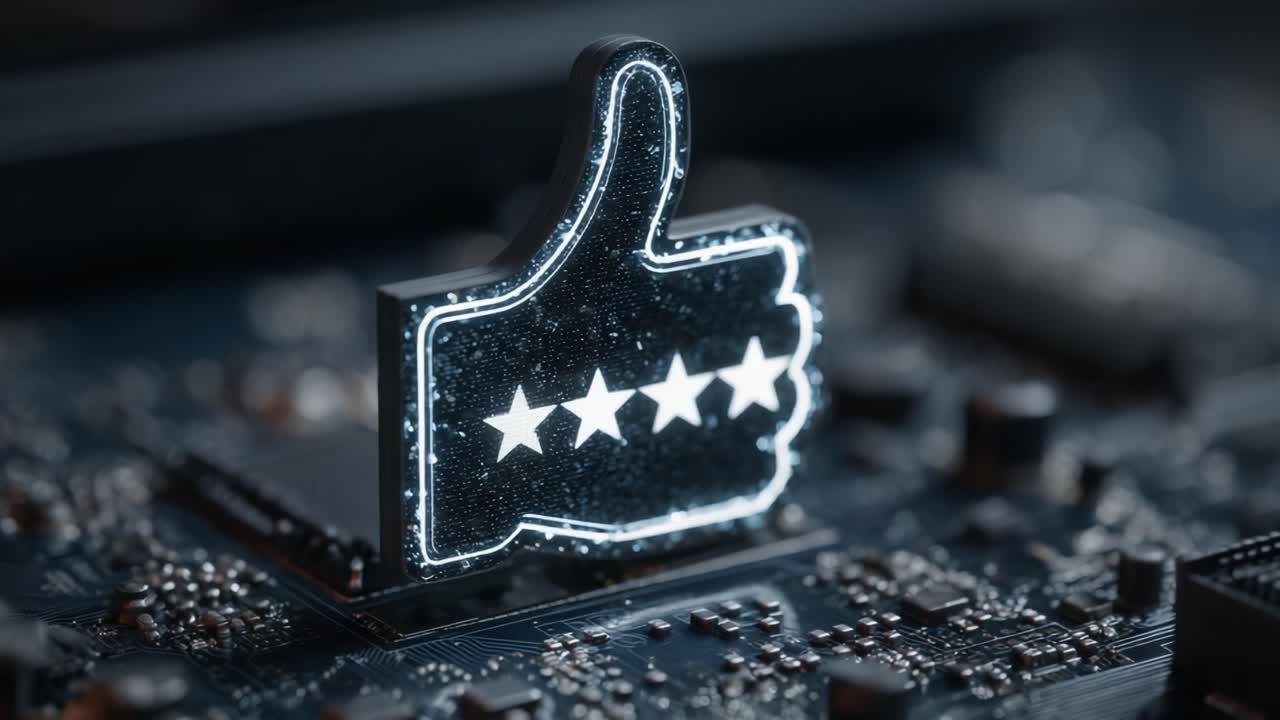 A Glowing Thumbs Up Symbol Encrusted with Five Stars on a Circuit Board Background, Representing Digital Praise and Positive Feedback in Modern Technology