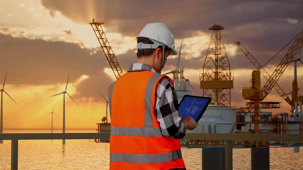 Back View Of Asian Male Engineer With Safety Helmet Working On Tablet With Wind Turbine Blueprint With Offshore Hydrogen Production