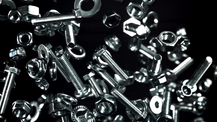 Slow Motion Close-up of Metal Nuts, Bolts, and Washers
