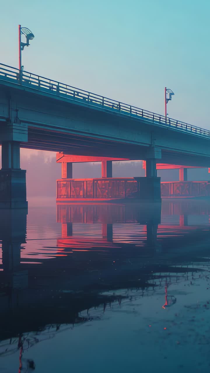Vertical video: Panning camera at sunrise revealing concrete bridge railings over foggy river