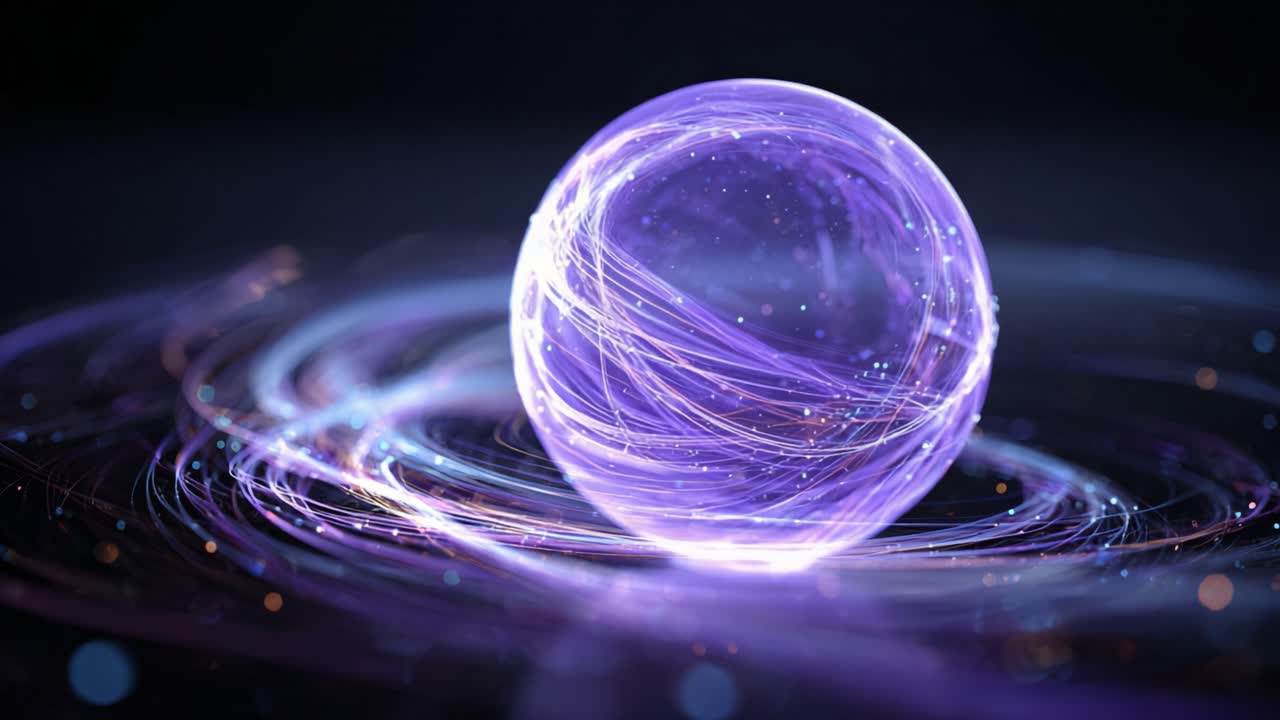 Abstract technological background featuring a spinning sphere of purple energy with swirling light trails and glowing particles, symbolizing data flow, quantum physics, or a futuristic power source